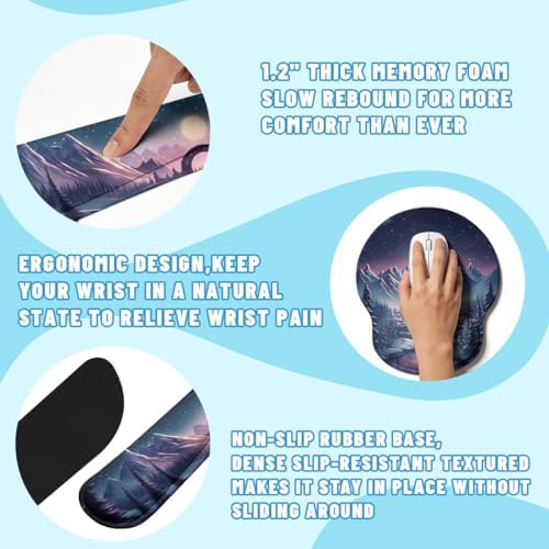 Fantasy City Desk Mat Set Night Moon Mountain Landscape Mouse Pad with Wrist Rest 4in1 Desk Mat for Desktop Ergonomic Keyboard Wrist Support Anti-Slip Computer Ergonomic Mouse Pad Home Office Gaming - Image 3