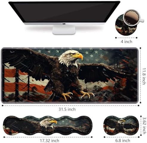 Ergonomic Keyboard Wrist Rest & Mouse Pad Wrist Rest Set,Large XXL Gaming Desk Mat 31.5"x 11.8",Non-Slip Base, Memory Foam,Easy Typing Pain Relief for Office & Home,Patriotic American Flag Bald Eagle - Image 2