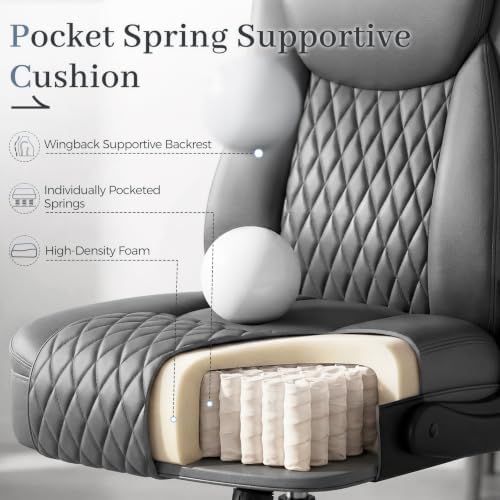 GTPOFFICE Executive Office Chair with Comfortable Lumbar Support, Ergonomic Gaming Chair with Flip-up Armrests & Zoned Pressure-Relief Cushion, Comfy PU Leather Desk Chair, Grey - Image 5