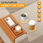 Bamboo Couch Cup Holder, 2 Cork Coasters, Anti-Slip Foldable Couch Arm Tray - Image 4
