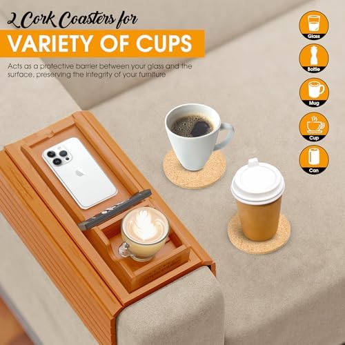 Bamboo Couch Cup Holder, 2 Cork Coasters, Anti-Slip Foldable Couch Arm Tray - Image 4