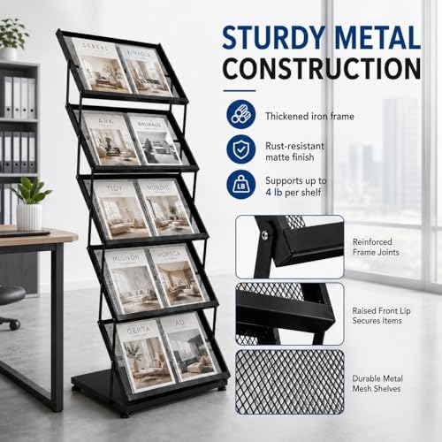 Foldable Magazine Display Rack Floor Standing 5 Pockets Brochure Stand Catalog Literature Holder with Wheels, Metal Newspaper Catalog Holders for Office Store Exhibition and Events - Image 6