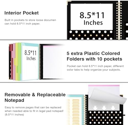 Ospelelf Clipboard with Storage 8.5 X 11，Padfolio Organizer, Spiral Portfolio Letter Size with Notepad, Pen Holder, 5 Extra Folder Divider Pages, Elastic Closure Nurse Office Essentials Black Gold - Image 3
