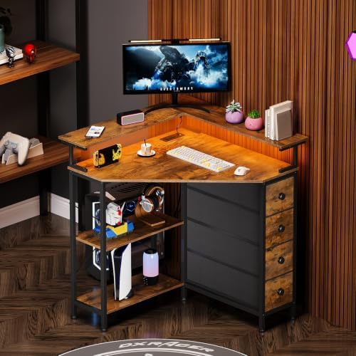 VENNQD Corner Desk with Drawers Shelves for Small Space 90 Degrees Triangle Computer Desk with Power Outlets,Gaming Desk with LED Lights Monitor Stand for Home Office Workstation Writing Table (Brown) - Image 5