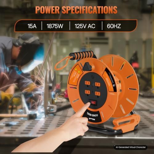Extension Cord Storage Reel with 4-Grounded Outlet & 2 USB Port, 15A Circuit Breaker, Heavy Duty Open Cord Reel for 12/3,14/3 Gauge Power Cord, Hand Wind Retractable,ETL Listed Orange G85CR06 - Image 4