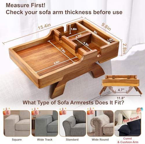 Acacia Wood Couch Armrest Table with 2 Cup Holders & Remote Slot 15.4"x9.8" - Image 2
