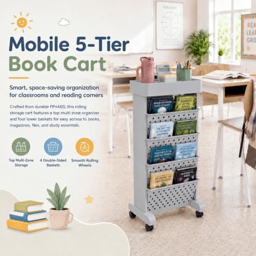 5-Tier Rolling Bookshelf Cart with Wheels, Gray - Image 4