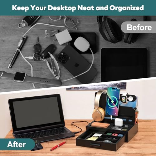 Sephyroth Bamboo Phone Docking Station Nightstand Organizer Cell Phone Stand Gifts for Men, Dad Gifts for Boyfriend, Husband with Drawer Storage (Black) - Image 5