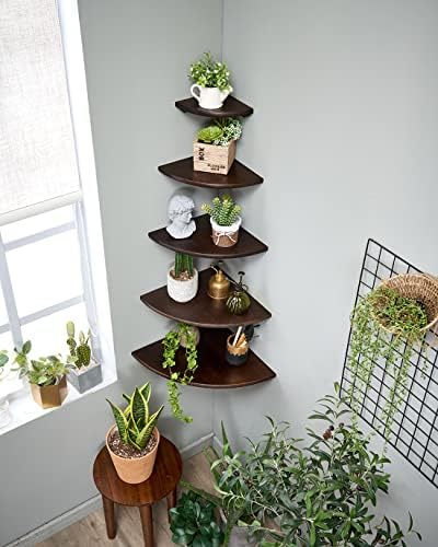 Corner Shelf,16inch Walnut Solid Wood Floating Corner Shelves Wall Mount Round End Floating Speaker Rack with Wire Hole for Small Plant for Bedroom Kitchen, Living Room - Image 2