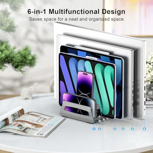 Elestoria 6-Slot Vertical Laptop Stand & Holder –Adjustable Aluminum Laptop Stand Vertical for Desk Fits 6 Devices, MacBook & Gaming Laptops (Up to 17.3”)–Space Saving Laptop Storage Rack - Grey - Image 2