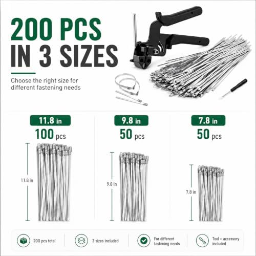 Cable Tie Gun Kit with 100Pcs 11.8" 50Pcs 9.8" 50Pcs 7.8" 304 Stainless Steel Zip Ties, Heavy Duty Wire Fence Repair Tool for Chain Link, Farm Metal Cages, Chicken Coops, Automotive Exhaust Wraps - Image 5