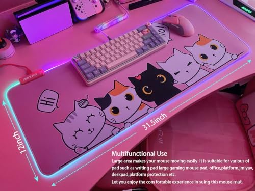 JMIYAV Pink Kawaii Cat RGB Gaming Mouse Pad 31.5x12 Inch PC XL Large Extended Glowing Led Light Up Cool Mouse pad Desk Pad Non-Slip Rubber Computer Mouse Mat Cute Mousepad 31.5x12 Inch - Image 5