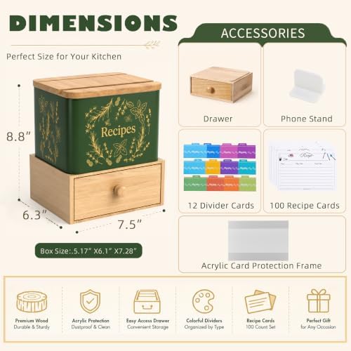 Orionstar Recipe Box Set with Wooden Drawer, Phone Stand, Vintage Green - Image 4