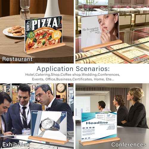 Kersally Acrylic Sign Holder 11 x 8.5'', 4 Pack Double-Sided Clear Table Display Stands with Wood Base,Horizontal Acrylic Frame Menu Flyer Paper Holder for Store, Restaurant, Hotel, Office, Show Fair - Image 5