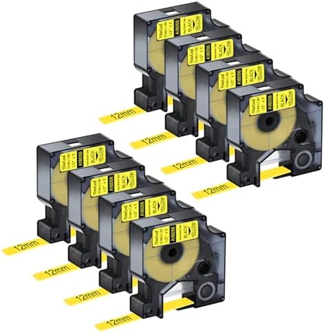 NineLeaf 8 Pack Compatible Labels Tape Replacement for Dymo 18056 1/2 inch Black on Yellow Heat Shrink Tube Labels 12mm x 1.5m for Wires and Cables Use in Rhino 4200 5200 5000 6000 3M Label Maker by NineLeaf