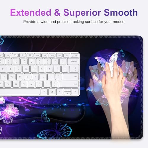Large Mouse Pad with Wrist Support 4in1 Set, XXL Game Mousepad + Keyboard Wrist Rest+Mouse Wrist Rest+Coaster with Ergonomic Design Gaming Mat for Home Office Table Computer I Purple Butterfly - Image 3