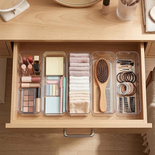15 Pcs Plastic Clear Drawer Organizer, 10×3.3×2inch Desk Drawers Divider Storage Bins, Stackable Rectangle Drawer Trays, for Office Desk Bathroom Makeup Jewelry Kitchen Utensils - Image 6