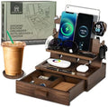 Wood Phone Docking Station for up to 3 Phones, Samsung Galaxy Watch Compatible Nightstand Organizer with Drawer for Valuables for Men & Women, Holds Phones, Tablets, Keys, Rings, Glasses, Watches, EDC by ParkwayHome