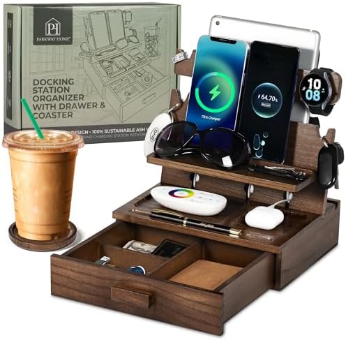 Wood Phone Docking Station for up to 3 Phones, Samsung Galaxy Watch Compatible Nightstand Organizer with Drawer for Valuables for Men & Women, Holds Phones, Tablets, Keys, Rings, Glasses, Watches, EDC by ParkwayHome