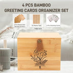 Large Bamboo Greeting Card Organizer Box with 6 Removable Dividers, Real Leather Handle, 100% Handmade Solid Bamboo, Storage Box for Christmas, Valentine, & Birthday Cards, Postcards, Stationery - Image 2