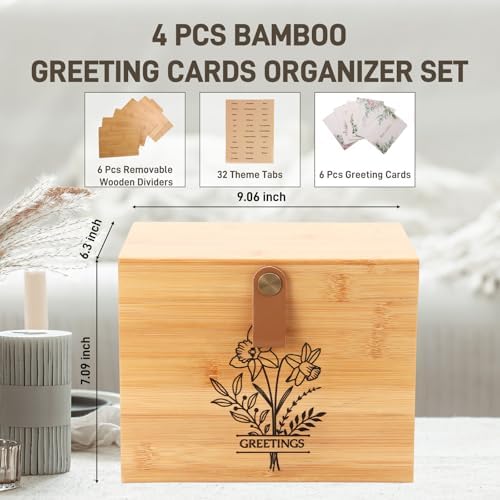 Large Bamboo Greeting Card Organizer Box with 6 Removable Dividers, Real Leather Handle, 100% Handmade Solid Bamboo, Storage Box for Christmas, Valentine, & Birthday Cards, Postcards, Stationery - Image 2