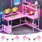 Aheaplus L Shaped Gaming Desk with Power Outlets & LED Lights, Pink by Aheaplus