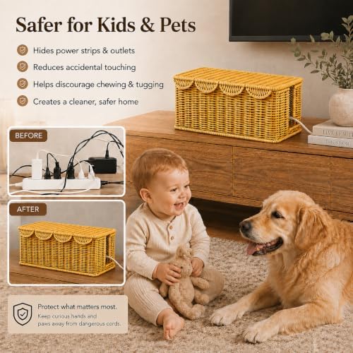 Cable Management Box, Faux Rattan Cord Organizer Basket for Power Strips - Image 4