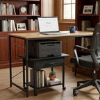 22" x 15" Under Desk Rolling Printer Stand, 2-Tier Industrial Mobile Printer Table with Strong Fabric Drawer, Storage Shelf, Steel Frame and Lockable Wheels, Printer Cart for Home Office (Black) - Image 6