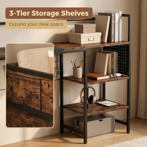 Desk Shelf Organizer with Pegboard & Hooks, Desk Hutch for Computer Monitor, Multi-Tier Wood Desktop Bookshelf Display Rack for Home Office Dorm Room (Vintage Brown, 38.6‘’) - Image 5