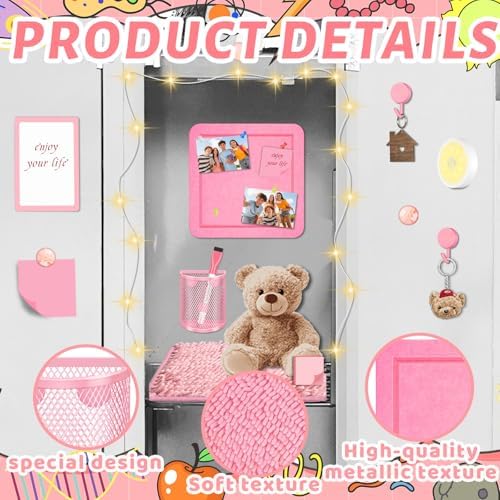 Demonwer Pink Locker Accessories Kit Magnetic Whiteboard Pen Holder Sticky Note Small Carpet Hook for Back to School Essentials Locker Decorations - Image 3