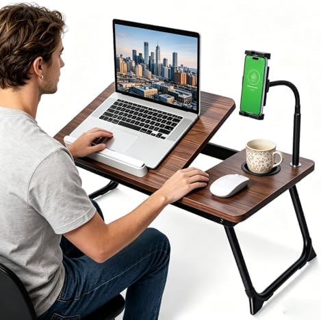 Foldable Lap Desk for Bed and Sofa, Portable Laptop Desk with Gooseneck Phone Stand, Cup Holder & Mouse Pad Extension, Extra Large Bed Desk Tray fits up to 17" Laptops (Walnut) - Image 6