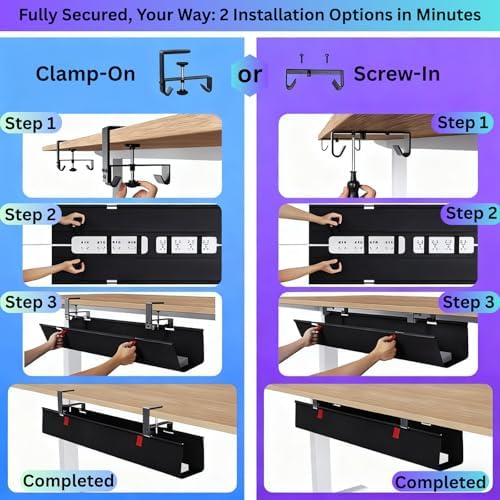 Under Desk Cable Management Tray, 48" Extra Large No Drill Cord Organizer with Easy to Clean Oxford Fabric, Clamp On Power Stripe Holder for Office, Home Office & Gaming Space - Image 5