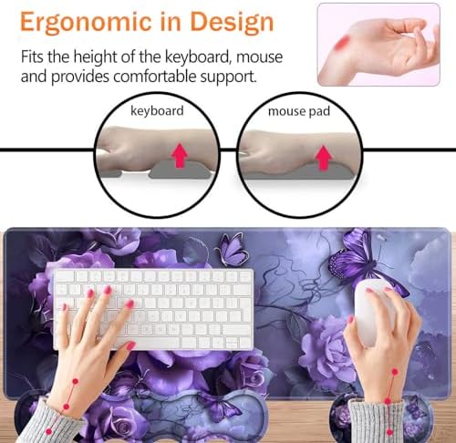 Large XXL Gaming Desk Mat 31.5"x 11.8", Ergonomic Keyboard Wrist Rest & Mouse Pad Wrist Rest + Coaster Set, Non-Slip Base, Memory Foam, Office and Home, Purple Rose - Image 3