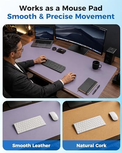 Aothia Dual-Sided Desk Mat, FSC Cork & PU Leather Desk Pad, Large Mouse Pad & Writing Surface for Full Desk Coverage, Non-Slip Waterproof Desk Protector - 47" x 23.6", Light Purple - Image 3