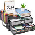 Marbrasse 3 Tier Mesh Desk Organizer with Drawer, Multi-Functional Desk Organizers and Accessories, Paper Letter Organizer with 2 Pen Holder for Home Office Supplies (Black) by Marbrasse
