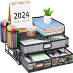Marbrasse 3 Tier Mesh Desk Organizer with Drawer, Multi-Functional Desk Organizers and Accessories, Paper Letter Organizer with 2 Pen Holder for Home Office Supplies (Black) by Marbrasse
