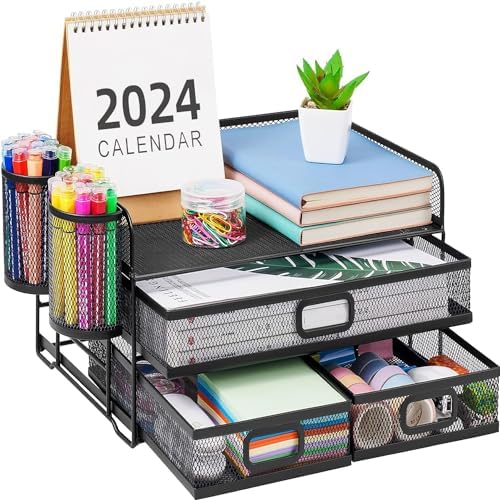Marbrasse 3 Tier Mesh Desk Organizer with Drawer, Multi-Functional Desk Organizers and Accessories, Paper Letter Organizer with 2 Pen Holder for Home Office Supplies (Black) by Marbrasse