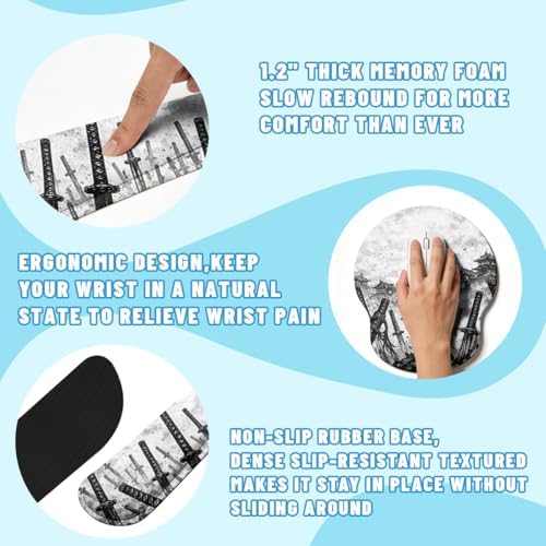 Samurai Swords Desk Mat Set Dark Warrior Art Large Mouse Pad with Wrist Rest 4in1 Desk Mat for Desktop Ergonomic Computer Desk Arm Wrist Anti-Slip Computer Ergonomic Mouse Pad Home Office Gaming - Image 3