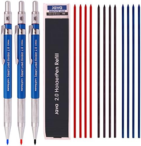 Morning glory 2.0 mm Lead Holder Pen Mechanical Pencil for Draft Drawing,Carpenter,Crafting, Art Sketching Sharpener (Pack of 3 Pens) + (2.0mm Lead 1 Tube-Red 4+Blue 4 + Black 4=12) Box packing by MORNINGGLORY