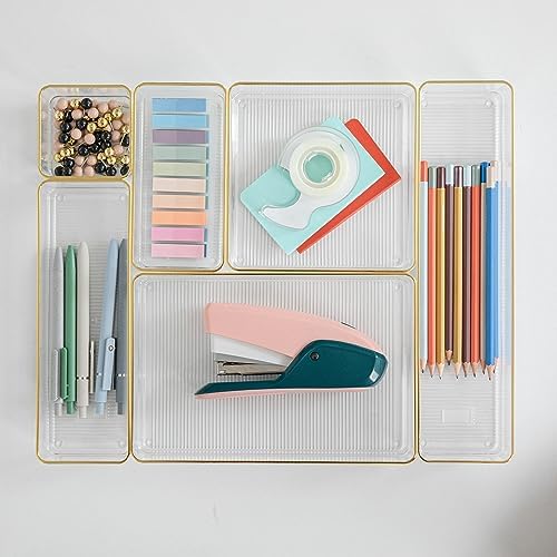 Martha Stewart Kerry Stackable Desk Drawer Organizers, Clear/Gold, 6-Pack - Image 2