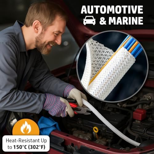 MGI SpeedWare Braided Split-Sleeve White Wire Loom for High-Temperature Automotive Harness and Home Cable Management 25 feet (1") - Image 4