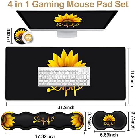 Ergonomic Mouse Pad Set, Desk Mat(31.5×11.8 in) + Keyboard Wrist Rest Support + Mouse Wrist Rest + Coasters for Office,Home,Computer,Laptop -Sunflower Nurse Pattern Black Gaming Large Mousepads - Image 2