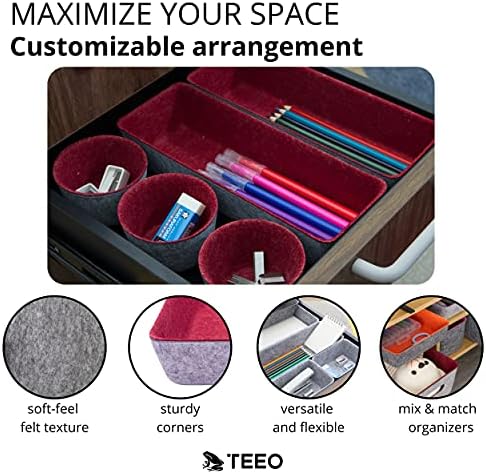 Teeo - Drawer Organizers - Office Supply Organizer - Desktop Drawers - Organizing Containers - Jewelry Tray Makeup Storage Home Dividers Compartment Desk Caddy Cosmetic Bins - Pack of 9, Burgundy - Image 2