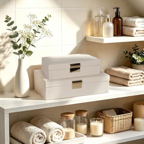 Decorative Storage Box Set of 2, PU Leather Organizer for Home Decor Beige - Image 2