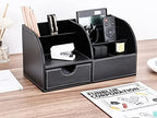 KINGFOM Pu Leather Desk Organizer Pen Pencil Holder Office Supplies Caddy Storage Box 6 Compartments with Drawer Black - Image 2