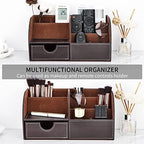KINGFOM Pu Leather Desk Organizer Pen Pencil Holder Office Supplies Caddy Storage Box 6 Compartments with Drawer Brown - Image 5