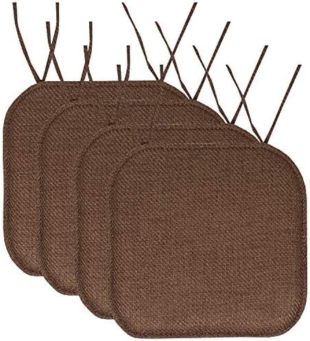 Sweet Home Collection Chair Cushion Memory Foam Pads with Ties Honeycomb Pattern Slip Non Skid Rubber Back Rounded Square 16" x 16" Seat Cover, Herringbone Brown by SweetHomeCollection