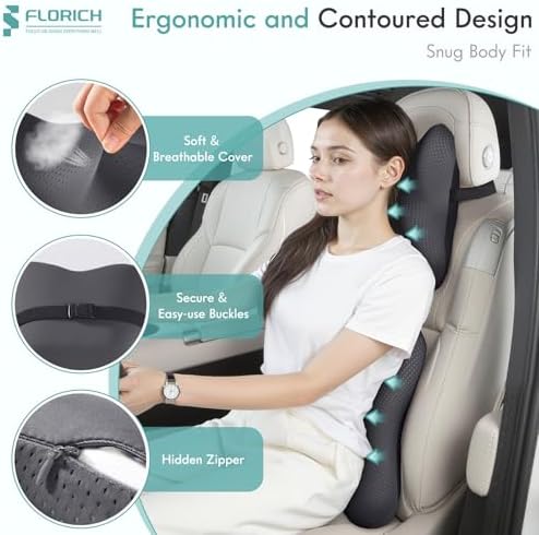 FLORICH Car Lumbar Support Pillow and Neck Headrest Pillow for Office Chair, Ergonomic Memory Foam, Relieves Neck, Back Pain, Pressure-Relieving Back Support for Car, Office Chair & Wheelchair – Gray - Image 2