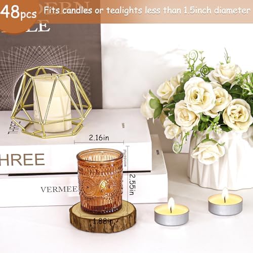 48 Pcs Amber Glass Votive Candle Holders, Tealight Candle Holders for Table Centerpieces, Vintage Candle Holder Bulk, Boho Wedding, Home, Bridal Shower, Birthday Party Table Decor (Amber) - Image 2