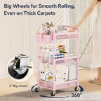 YASONIC 3 Tier Metal Rolling Cart, Pink Utility Storage Cart with Wheels - Image 4